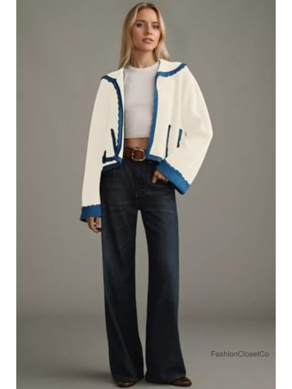 Women's Scallop Trim Cardigan Sweater Bell Sleeve Knit Open Front - Picture 2 of 6